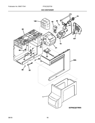 Ice Container Diagram and Parts List for FFSC2323TS9  Frigidaire Refrigerator