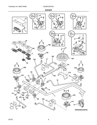 Burner Diagram and Parts List for EW36GC55PS5  Frigidaire Cooktop