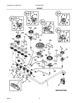 Burner Diagram and Parts List for FPGC3677RSC  Frigidaire Cooktop