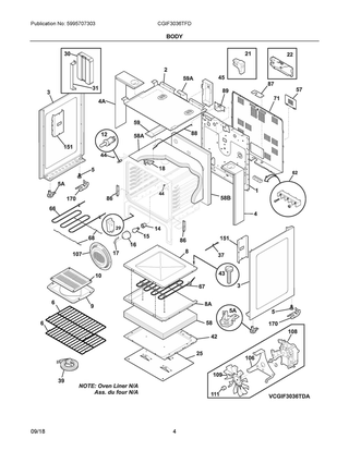 Body Diagram and Parts List for CGIF3036TFD  Frigidaire Range