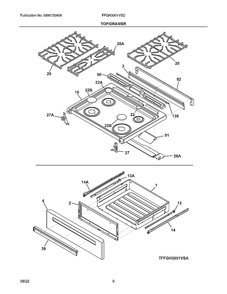 Top/Drawer Diagram and Parts List for FFGH3051VSD  Frigidaire Range