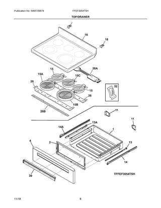 Top/drawer Diagram and Parts List for FFEF3054TSH  Frigidaire Range