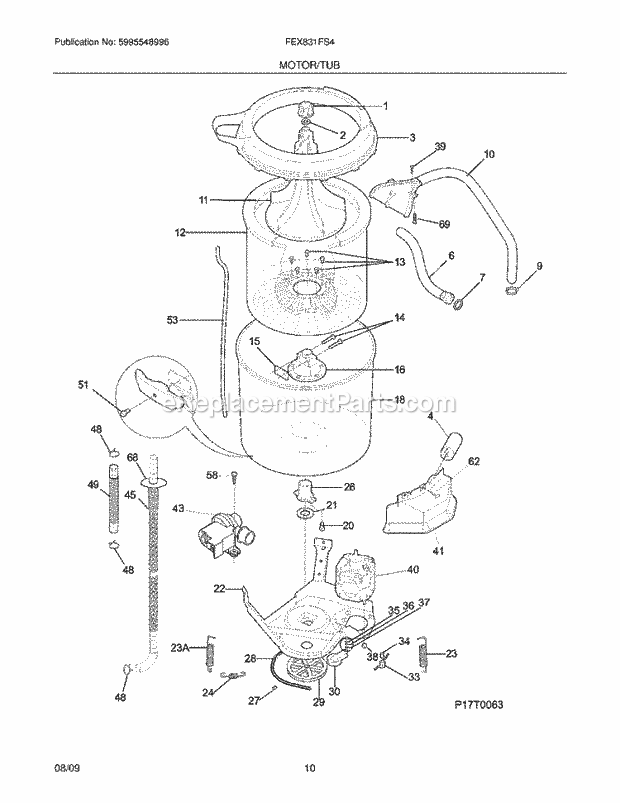 Motor/Tub Diagram and Parts List for FEX831FS4  Frigidaire Washer Dryer Combo