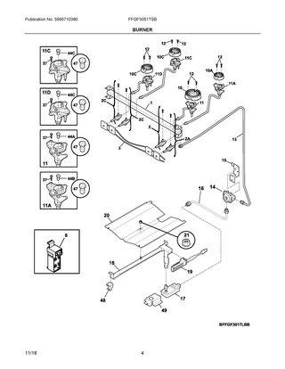 Burner Diagram and Parts List for FFGF3051TSB  Frigidaire Range