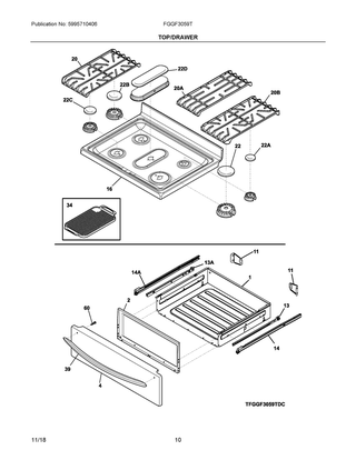 Top/drawer Diagram and Parts List for FGGF3059TDE  Frigidaire Range