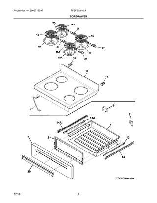 Top/drawer Diagram and Parts List for FFEF3016VSA  Frigidaire Range