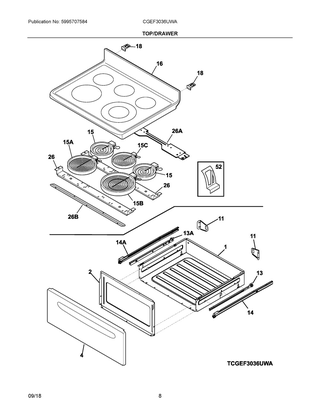 Top/drawer Diagram and Parts List for CGEF3036UWA  Frigidaire Range