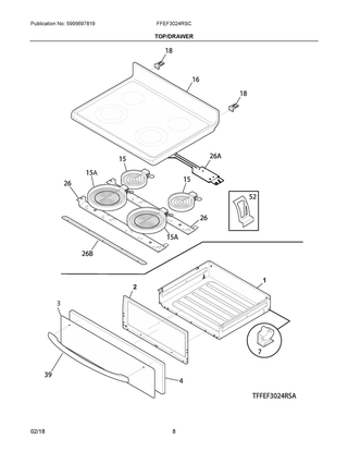Top/drawer Diagram and Parts List for FFEF3024RSC  Frigidaire Range