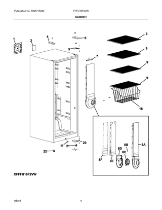 Cabinet Diagram and Parts List for FFFU16F2VW  Frigidaire Freezer
