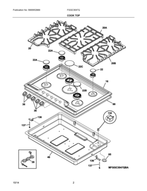 02 - COOK TOP Diagram and Parts List for FGGC3047QSA  Frigidaire Cooktop