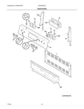 Backguard Diagram and Parts List for LFEF3054TFJ  Frigidaire Range