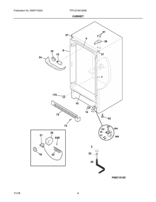Cabinet Diagram and Parts List for TFFU21M1QWB  Frigidaire Freezer