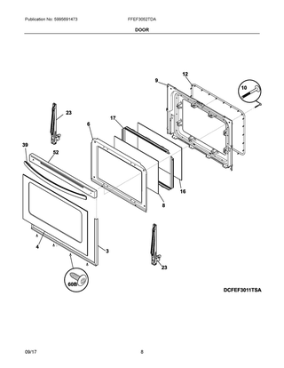 Door Diagram and Parts List for FFEF3052TDA  Frigidaire Range