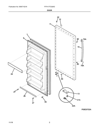 Door Diagram and Parts List for FFFH17F2QWD  Frigidaire Freezer