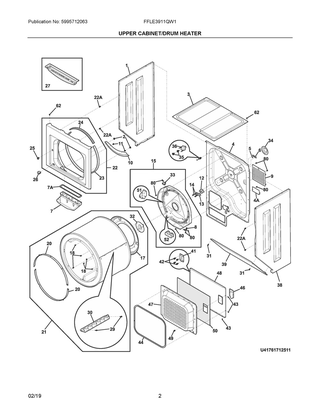 Upper Cabinet/drum Heater Diagram and Parts List for FFLE3911QW1  Frigidaire Washer Dryer Combo