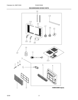 Recommended Spare Parts Diagram and Parts List for FHWW153WBE00  Frigidaire Air Conditioner