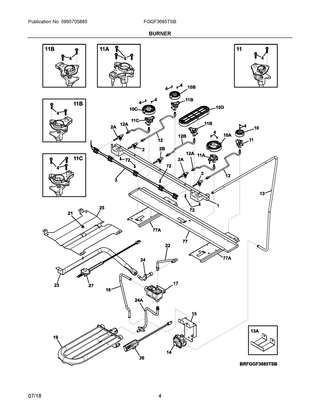Burner Diagram and Parts List for FGGF3685TSB  Frigidaire Range