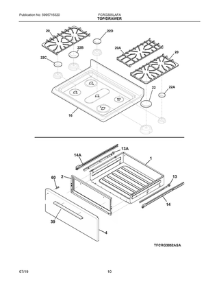 Top/drawer Diagram and Parts List for FCRG305LAFA  Frigidaire Range