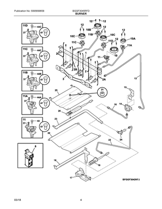 Burner Diagram and Parts List for BGGF3045RFD  Frigidaire Range
