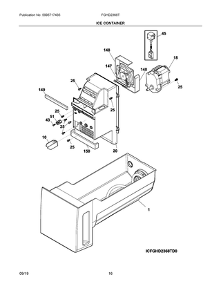 Ice Container Diagram and Parts List for FGHD2368TF7  Frigidaire Refrigerator