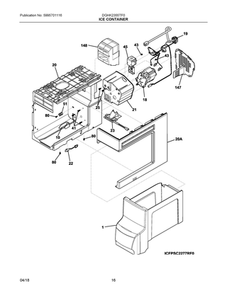 Ice Container Diagram and Parts List for DGHK2355TF0  Frigidaire Refrigerator