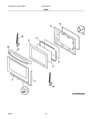 Door Diagram and Parts List for LFGF3052TFC  Frigidaire Range