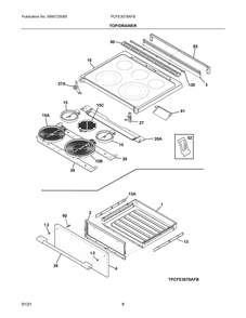 Top/Drawer Diagram and Parts List for PCFE3078AFB  Frigidaire Range