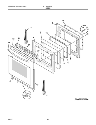 Door Diagram and Parts List for FGGF3036TFC  Frigidaire Range