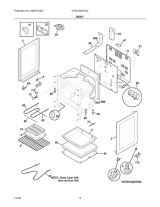 Body Diagram and Parts List for CFEF3052TWC  Frigidaire Range