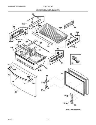 Freezer Drawer, Baskets Diagram and Parts List for DGHD2361TF2  Frigidaire Refrigerator