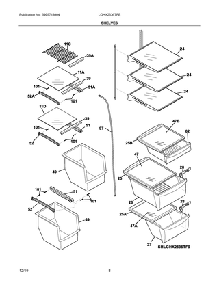 Shelves Diagram and Parts List for LGHX2636TFB  Frigidaire Refrigerator