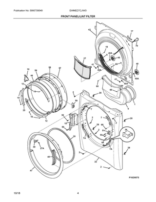 Front Panel/lint Filter Diagram and Parts List for EWMED7CJIW3  Frigidaire Dryer