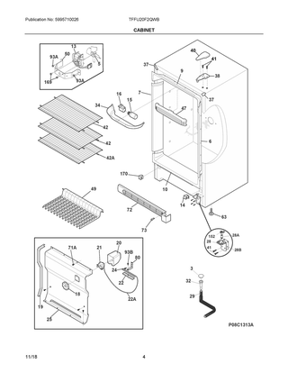 Cabinet Diagram and Parts List for TFFU20F2QWB  Frigidaire Freezer