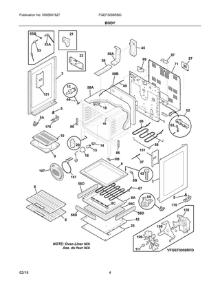 Body Diagram and Parts List for FGEF3058RBD  Frigidaire Range