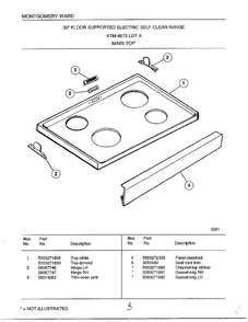 Main Top Diagram and Parts List for 4873A  Frigidaire Range