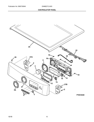 Controls/top Panel Diagram and Parts List for EWMED7CJIW3  Frigidaire Dryer