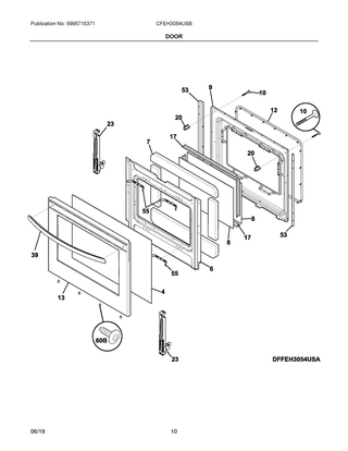 Door Diagram and Parts List for CFEH3054USB  Frigidaire Range