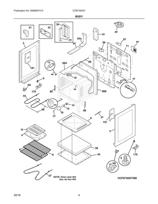 Body Diagram and Parts List for CFEF3053TBC  Frigidaire Range