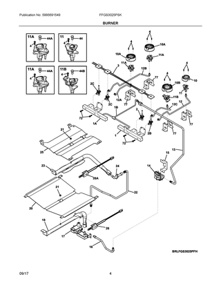 Burner Diagram and Parts List for FFGS3025PSK  Frigidaire Range