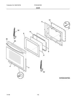 Door Diagram and Parts List for FFGF3052TBC  Frigidaire Range