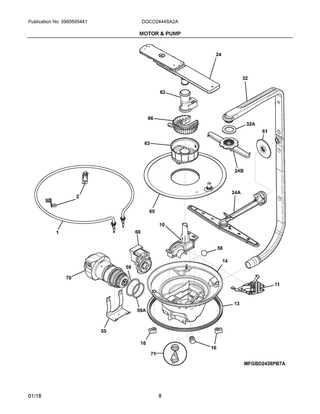 Motor & Pump Diagram and Parts List for DGCD2444SA2A  Frigidaire Dishwasher