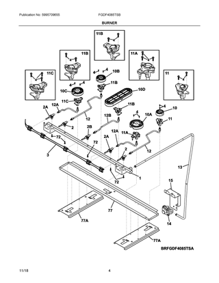 Burner Diagram and Parts List for FGDF4085TSB  Frigidaire Range