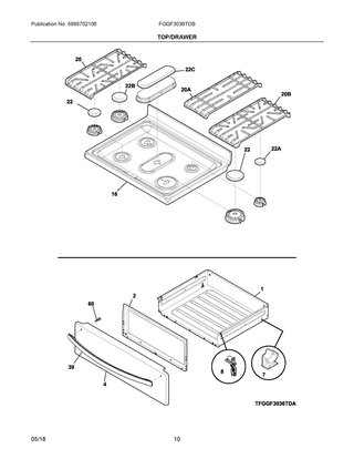 Top/drawer Diagram and Parts List for FGGF3036TDB  Frigidaire Range