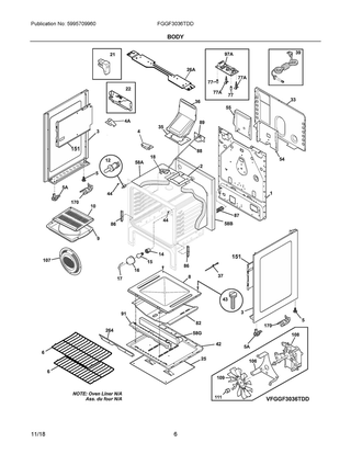 Body Diagram and Parts List for FGGF3036TDD  Frigidaire Range