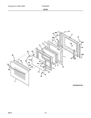 Door Diagram and Parts List for FGGS3065PBU  Frigidaire Range