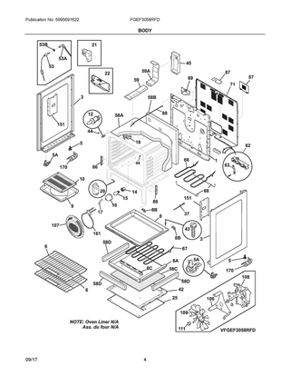 Body Diagram and Parts List for FGEF3058RFD  Frigidaire Range
