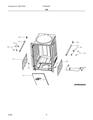 Tub Diagram and Parts List for FFBD2420UB  Frigidaire Dishwasher