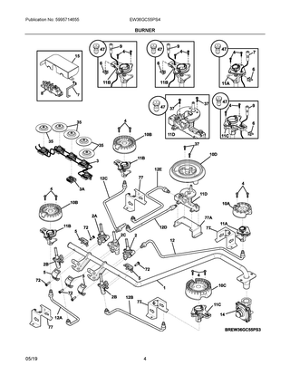 Burner Diagram and Parts List for EW36GC55PS4  Frigidaire Cooktop