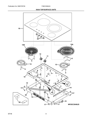 Main Top/surface Units Diagram and Parts List for FGEC3048US  Frigidaire Cooktop