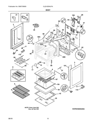 Body Diagram and Parts List for CLEH3054UFA  Frigidaire Range